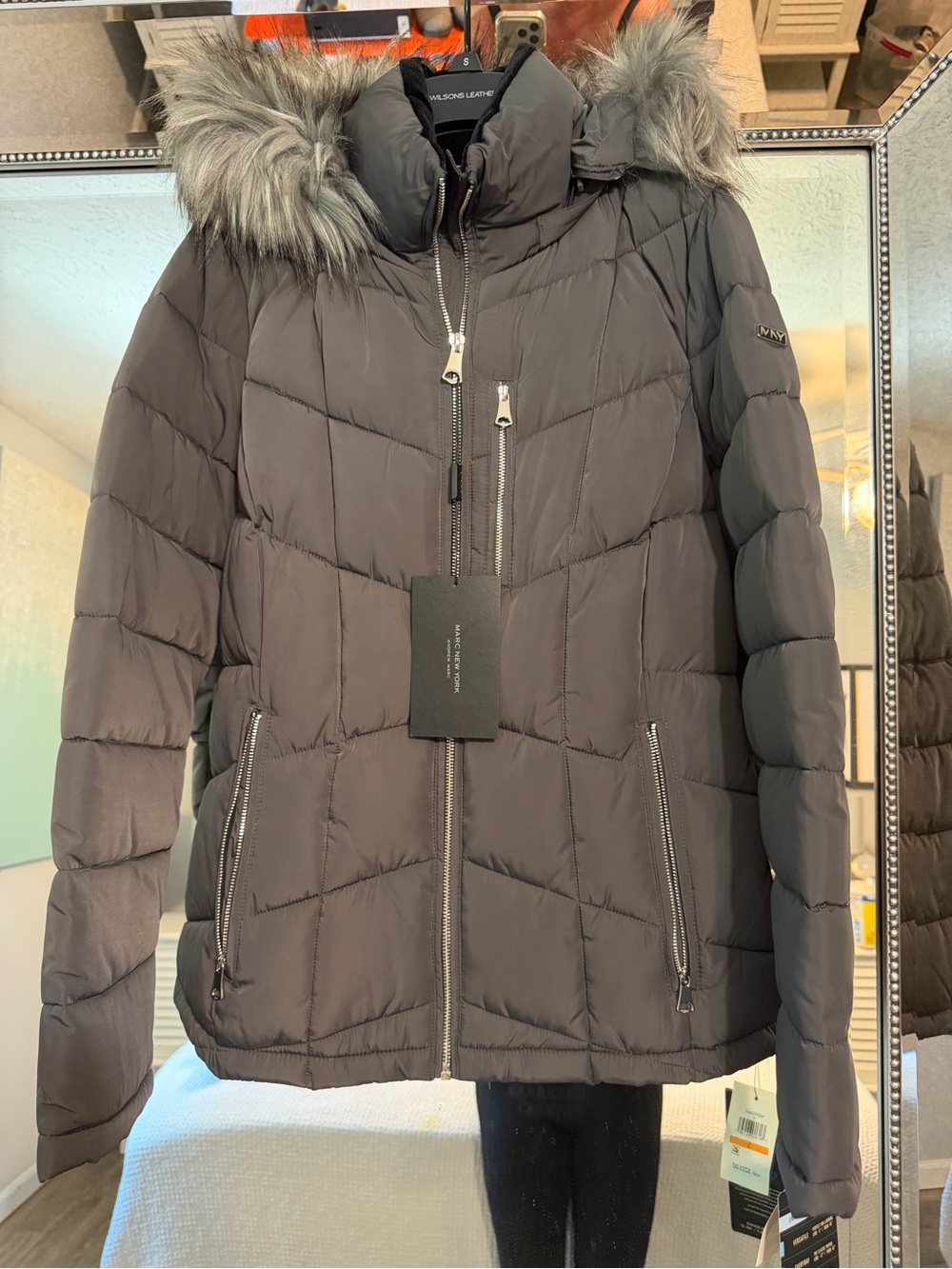 Marc New York Gray Quilted Faux-Fur Hood Puffer Jacket